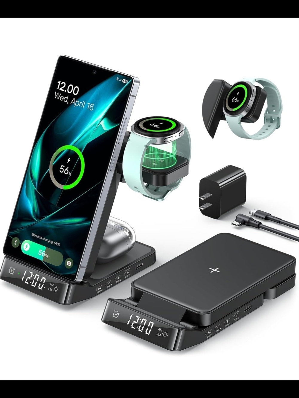 Source Unknown 3-in-1 Black Wireless Charging Stand with LED Alarm Clock